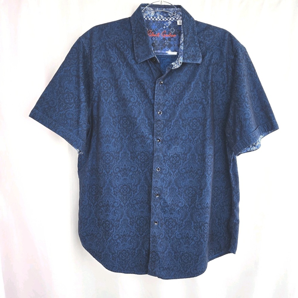 Robert Graham Paisley Floral Blue‎ Short Sleeve Shirt Size XL Cotton Button-down